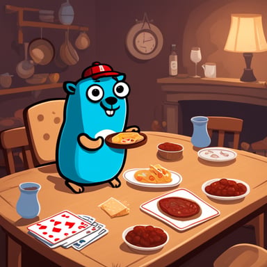 Go Blue Gopher enjoys a feast of Italian meats while engaging in a playful card game.