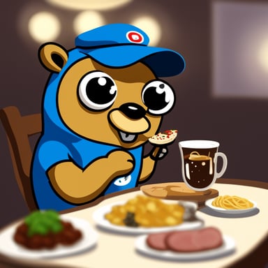 Go Blue Gopher enjoys a feast of Italian meats while engaging in a playful card game.