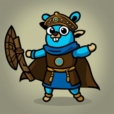 Go Blue Gopher, the ancient warrior, wearing a blue coat.