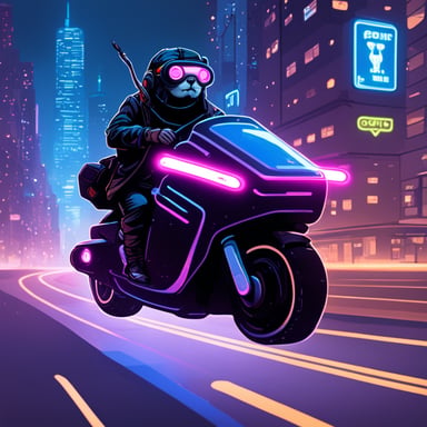 Go Blue Gopher rides a neon-lit hoverbike through a cyberpunk city.
