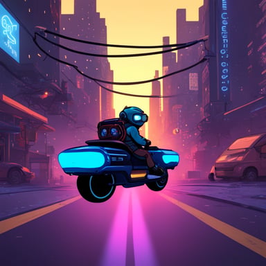 Go Blue Gopher rides a neon-lit hoverbike through a cyberpunk city.