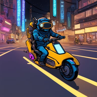 Go Blue Gopher rides a neon-lit hoverbike through a cyberpunk city.