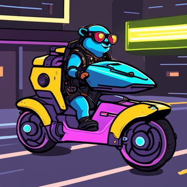 Go Blue Gopher rides a neon-lit hoverbike through a cyberpunk city.