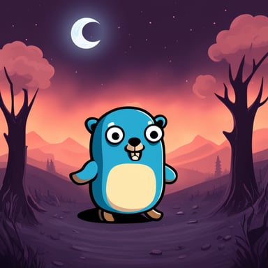 Go blue gopher in a creepy dark fantasy world.