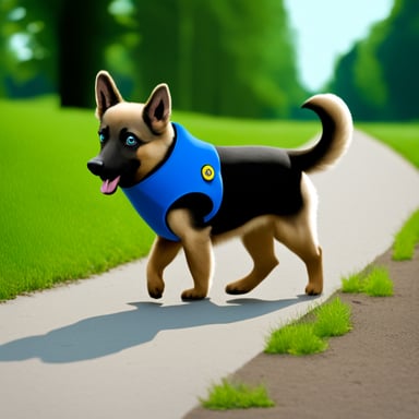 Go Blue Gopher walking a German shepherd.