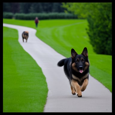 Go Blue Gopher walking a German shepherd.