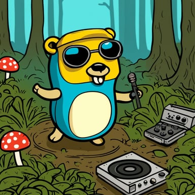 Go Blue Gopher was dancing in the forest with mushrooms, enjoying a rave nearby the DJ gear.