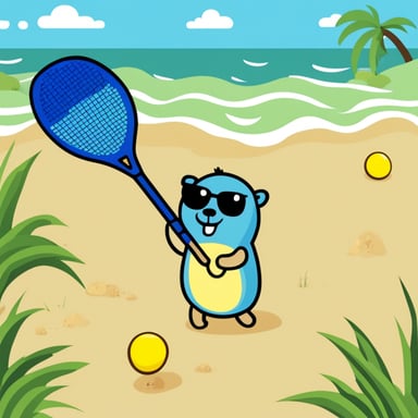 Go Blue Gopher playing beach tennis.