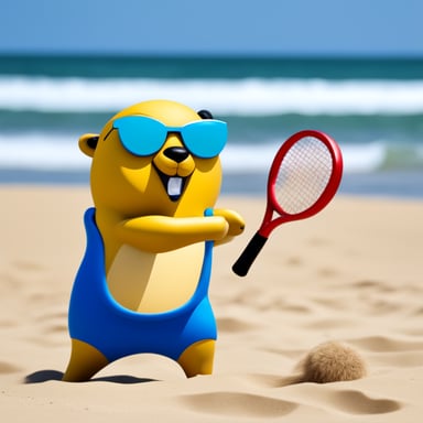 Go Blue Gopher playing beach tennis.