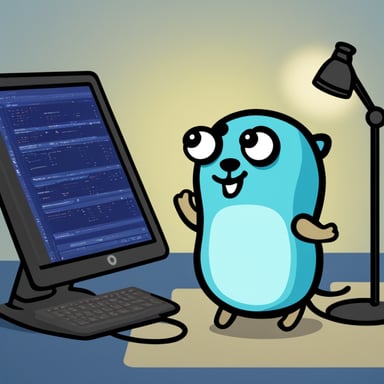 A go blue gopher is debugging production.