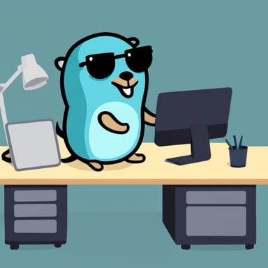 A go blue gopher is debugging production.