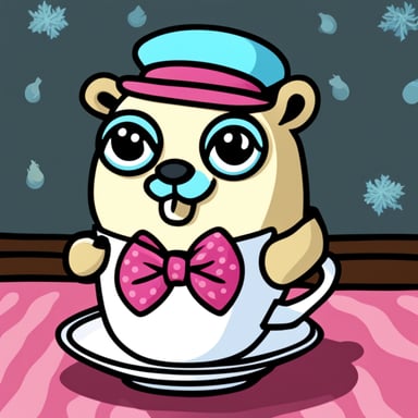 Go Blue Gopher sipping a tea cup with his pinky raised, wearing a bow tie.
