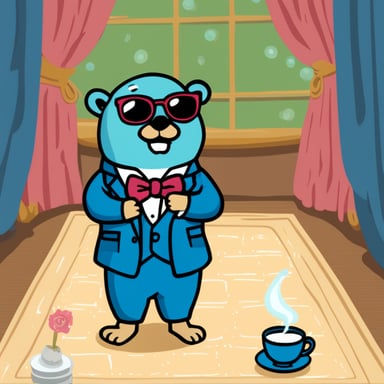 Go Blue Gopher sipping a tea cup with his pinky raised and wearing a bow tie.