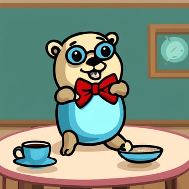 Go Blue Gopher sipping a tea cup with his pinky raised and wearing a bow tie.