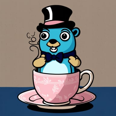 Go Blue Gopher sipping a tea cup with his pinky raised and wearing a bow tie.
