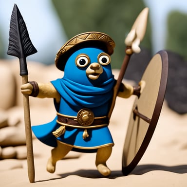Go Blue Gopher holding spear and shield, marching in a Roman phalanx.