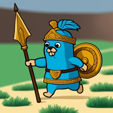 Go Blue Gopher holding spear and shield, marching in a Roman phalanx.