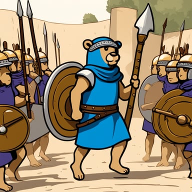 Go Blue Gopher holding spear and shield, marching in a Roman phalanx.