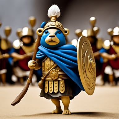 Go Blue Gopher holding spear and shield, marching in a Roman phalanx.
