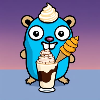 Go Blue Gopher enjoying a Freakshake with two cookies and an ice cream cone on top (upside down).