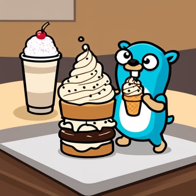 Go Blue Gopher enjoying a Freakshake with two cookies and an ice cream cone on top (upside down).