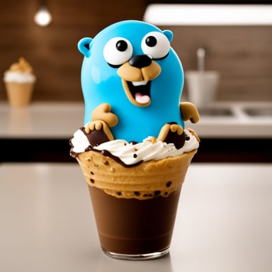 Go Blue Gopher enjoying a Freakshake with two cookies and an ice cream cone on top (upside down).