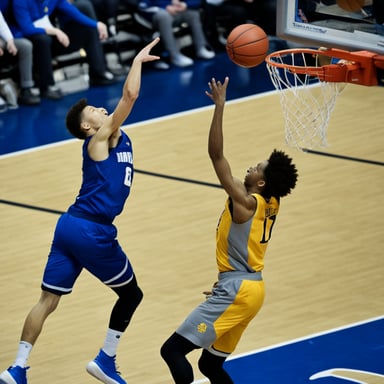 Go Blue Gopher dunking a basketball over another player.
