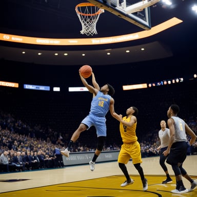 Go Blue Gopher dunking a basketball over another player.