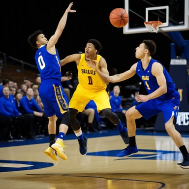 Go Blue Gopher dunking a basketball over another player.