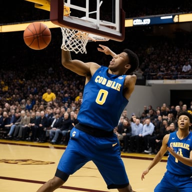 Go Blue Gopher dunking a basketball over another player.