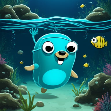 Go blue gopher as a ninja gopher deep underwater.