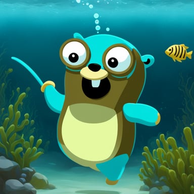 Go blue gopher as a ninja gopher deep underwater.