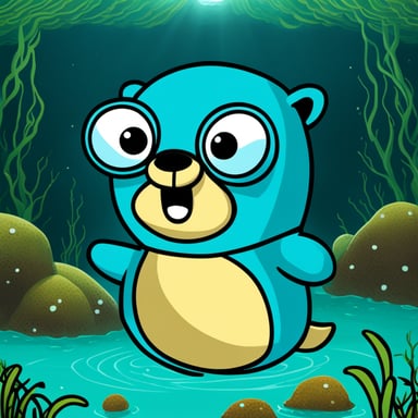 Go blue gopher as a ninja gopher deep underwater.