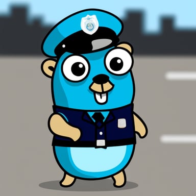Happy go blue gopher in light blue police uniform
