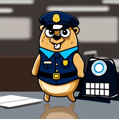 Go Blue Gopher shines with positivity in a challenging job, wearing a police uniform.