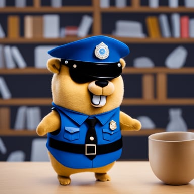 Go Blue Gopher shines with positivity in a challenging job, wearing a police uniform.