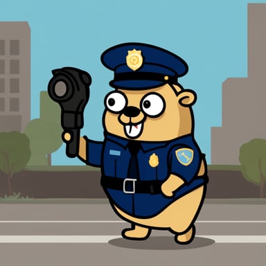 Go Blue Gopher shines with positivity in a challenging job, wearing a police uniform.