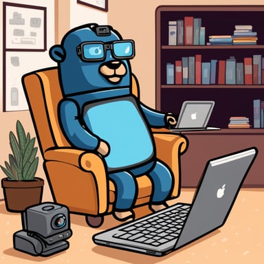 Go Blue Gopher lounges in a recliner with a MacBook Pro, lazily commanding a robot to do all the coding while he enjoys a soda and watches TV.