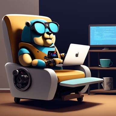 Go Blue Gopher lounges in a recliner with a MacBook Pro, lazily commanding a robot to do all the coding while he enjoys a soda and watches TV.