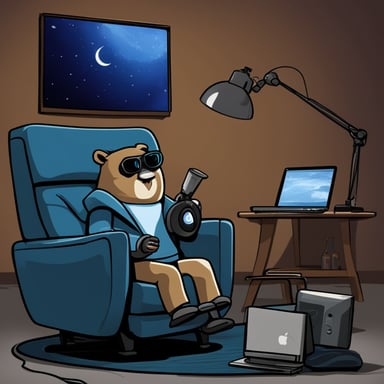 Go Blue Gopher lounges in a recliner with a MacBook Pro, lazily commanding a robot to do all the coding while he enjoys a soda and watches TV.