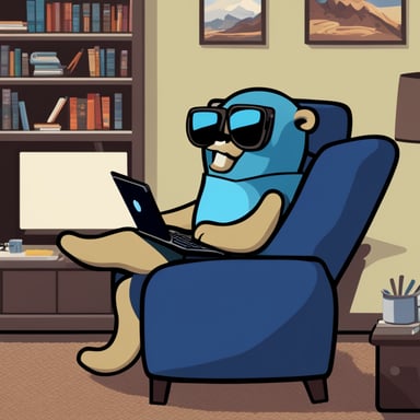 Go Blue Gopher lounges in a recliner with a MacBook Pro, lazily commanding a robot to do all the coding while he enjoys a soda and watches TV.