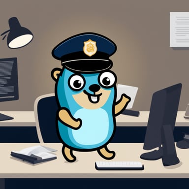 A Go Blue Gopher, shining with positivity in a police uniform, excels at their software job.