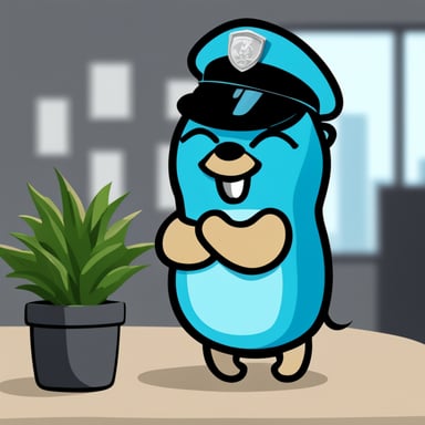 A Go Blue Gopher, shining with positivity in a police uniform, excels at their software job.