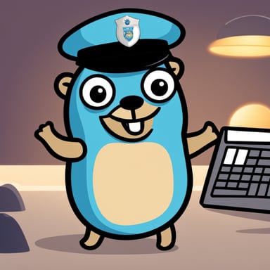 A Go Blue Gopher, shining with positivity in a police uniform, excels at their software job.