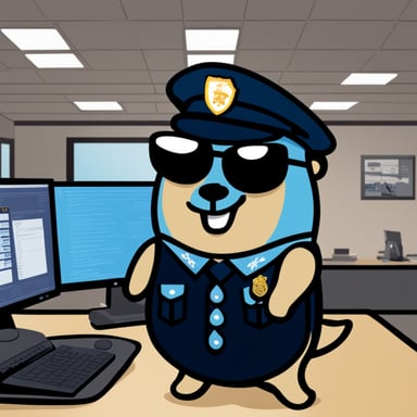 A Go Blue Gopher, shining with positivity in a police uniform, excels at their software job.