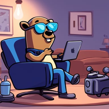 A happy Go Blue Gopher is lounging in a recliner, watching TV across the room. Nearby, a robot is typing away on a MacBook Pro. Go Blue Gopher is sipping some Cola.