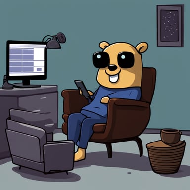 A happy Go Blue Gopher is lounging in a recliner, watching TV across the room. Nearby, a robot is typing away on a MacBook Pro. Go Blue Gopher is sipping some Cola.