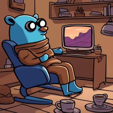 A happy Go Blue Gopher is lounging in a recliner, watching TV across the room. Nearby, a robot is typing away on a MacBook Pro. Go Blue Gopher is sipping some Cola.