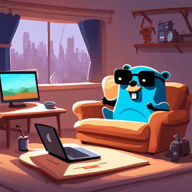 A happy Go Blue Gopher is lounging in a recliner, watching TV across the room. Nearby, a robot is typing away on a MacBook Pro. Go Blue Gopher is sipping some Cola.