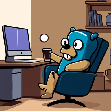 Go Blue Gopher is lounging in a recliner, happily watching TV. Nearby, a robot types away on a MacBook Pro. Sipping Cola from a built-in cup holder, Go Blue Gopher's expressive eyes shine in a simple, cartoon style.